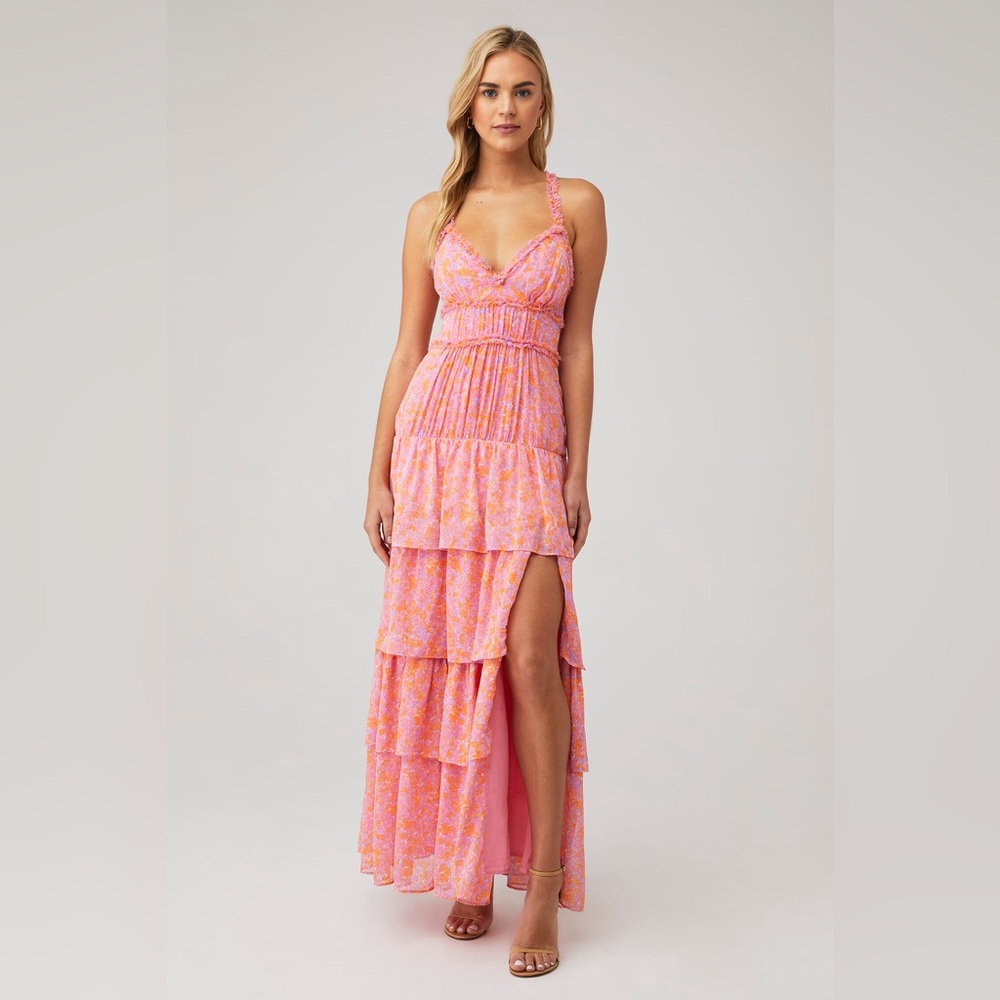 LIKELY Athena Tiered‎ Maxi Dress Pink and Purple Size 8